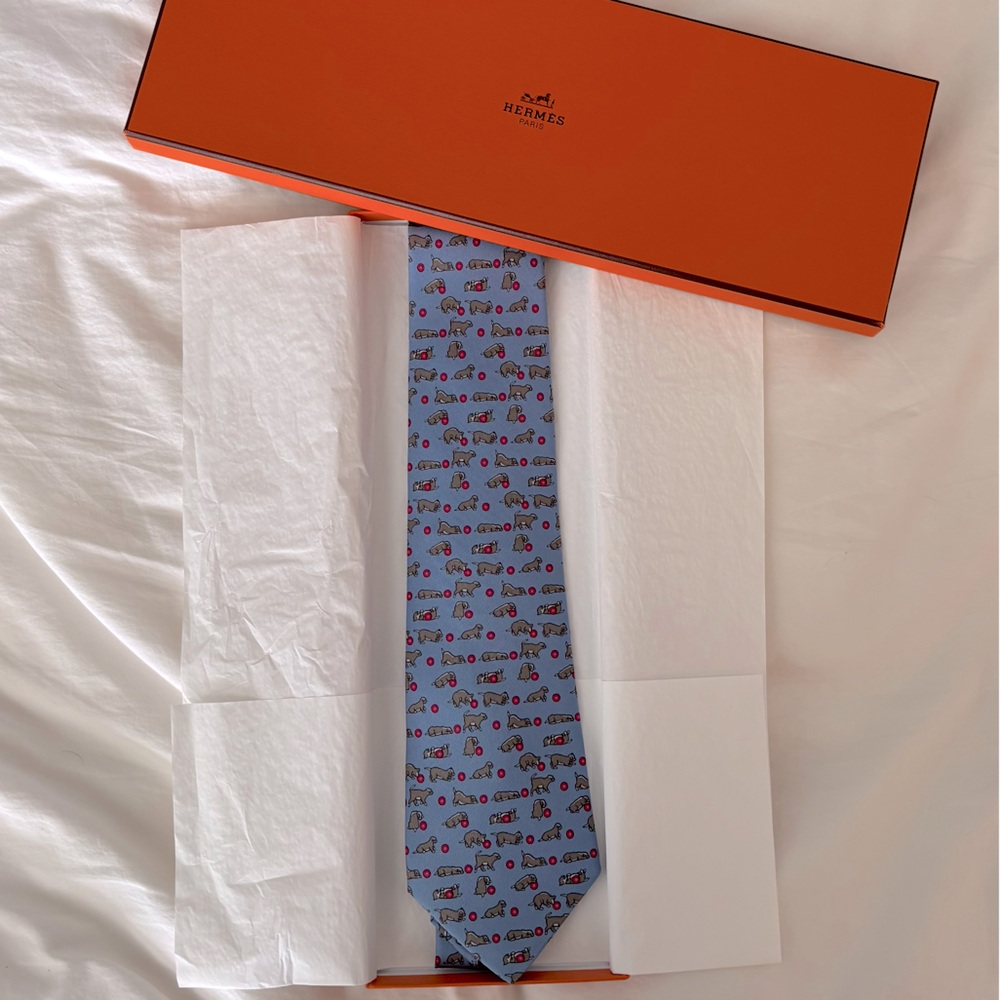 HERMES 100% silk authentic Tie with puppy & ball, blue